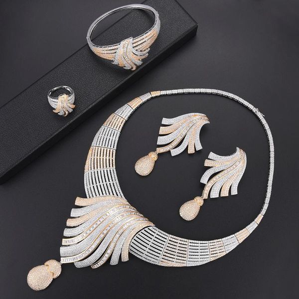 

earrings & necklace luxury dubai collar cubc zirconia big earring bangle ring fashion jewelry set for women african wedding, Silver