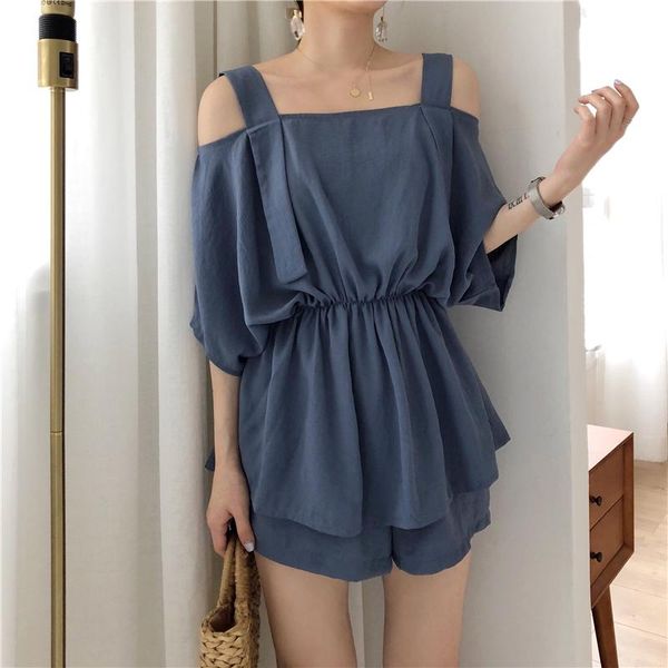 

fashion new summer 3 piece set women elegant cold shoulder ruffles mini sets nice casual loose black blue sets, Gray