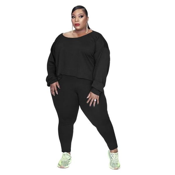 

plus size tracksuits autumn winter pant sets women stretchy leggings suits loose t-shirt + sporty yoga pants two 2 piece set casual outfits, Black