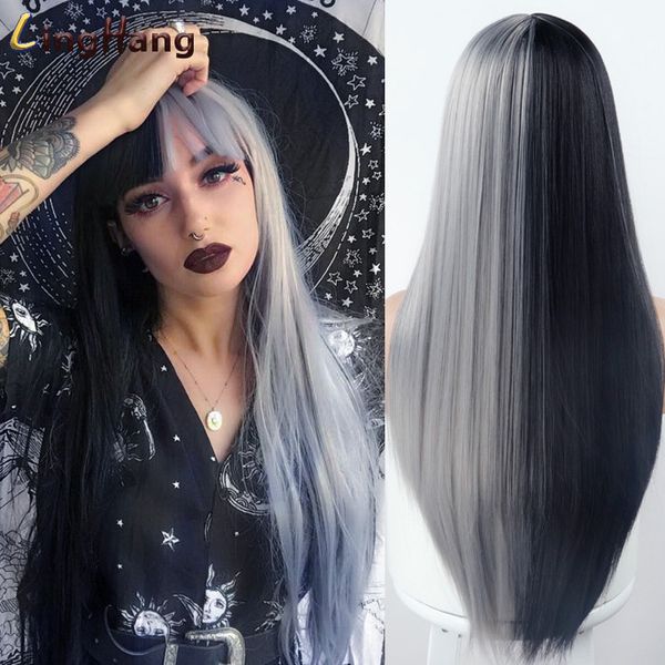 

gray and black wig long straight hair cosplay wig two tone ombre color women synthetic hair wigsfactory direct