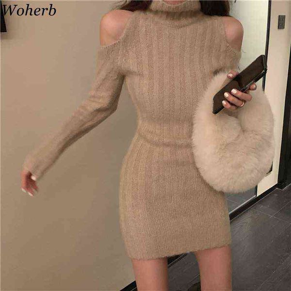 

woherb lady bodycon dresses for women chic hollow out off shoulder knitted vestidos de mujer korean temperament mini dress g1214, Black;gray