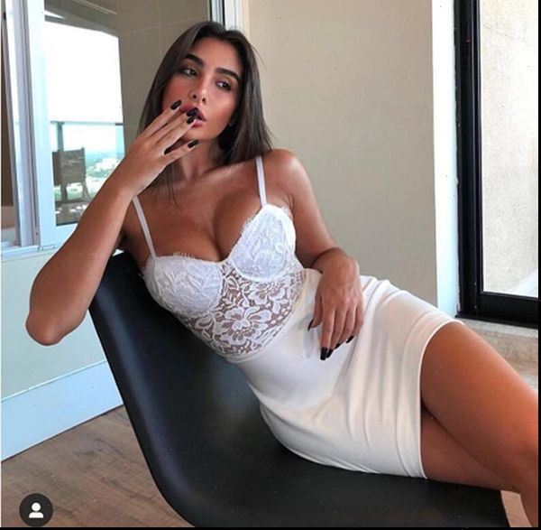 

summer fashion v neck strap white lace bandage dress 2021 designer elegant evening party dress vestido, Black;gray