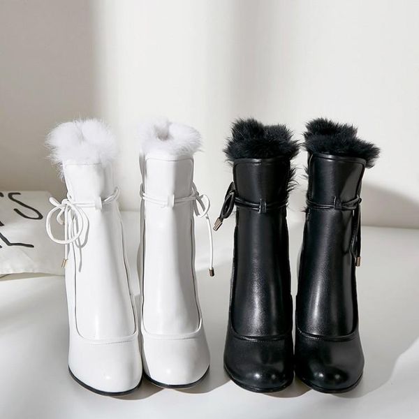 

boots gpokhds 2021 women ankle cow leather winter hair black color lace up square toe zippers high heels female