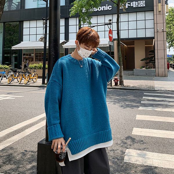 

2021 new winter fake two-piece sweater men's warm fashion casual knitted pullover loose korean knitting sweaters men clothes -2xl ff37, White;black