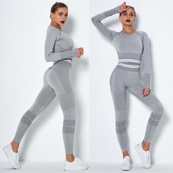 

yoga outfit women seamless quick-drying set long-sleeved fitness pants high waist play suit workou tracksuit gym wear sportswear stripe