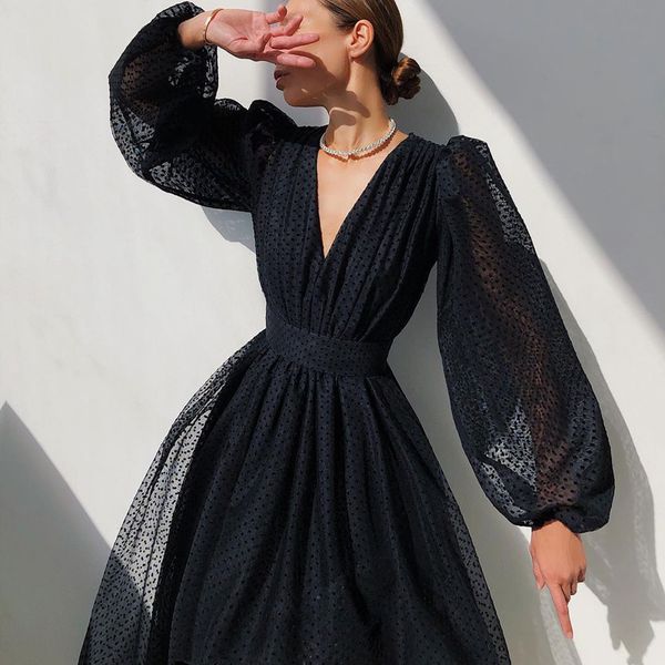 

new ladies deep v neck party women elegant polka dot print a line 2021 spring femme long sleeve es t0nq, Black;gray