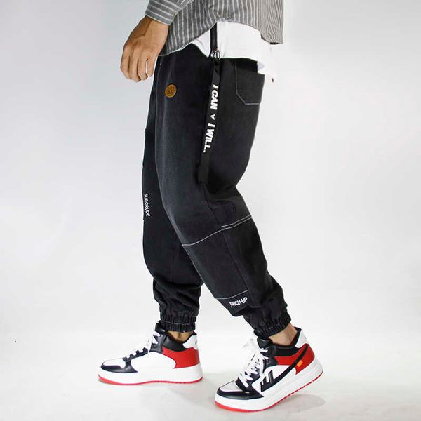 

men's jeans japanese style fashion patches designer casual denim cargo pants streetwear hip hop joggers wide leg trousers an6j, Blue