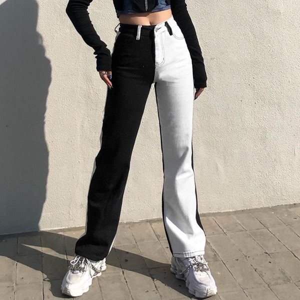 

fashion pocket black white splice women jeans streetwear high waist jeans vintage straight harajuku 2021 baggy denim pants 4, Blue