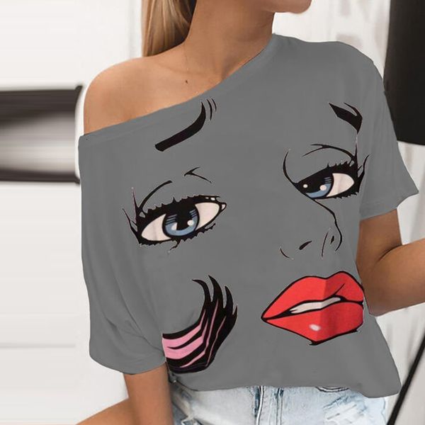 

2021 new fashion abstract pattern print short sleeve women elegant o-neck off shoulder blouse female casual loose shirt 2xl qfxl, White