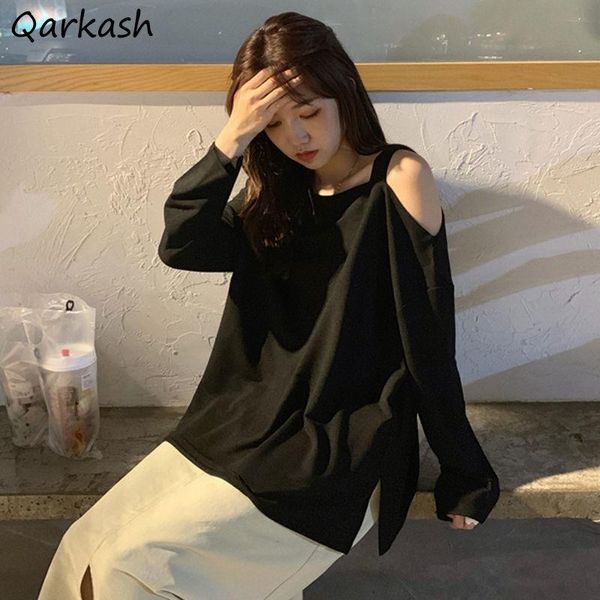 

women's t-shirt women long sleeve t-shirts bare shoulder skew collar spring autumn streetwear all-match white black ulzzang simple casu
