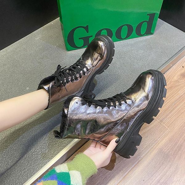 

boots shoes lolita boots-women round toe winter footwear lace up rubber 2021 ankle leather autumn med rock ladies fabric lace-up, Black