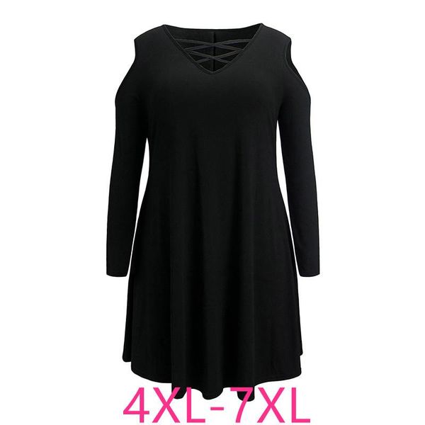 

plus size dresses 2021 spring autumn for women loose casual large long sleeve blue red v-neck mini dress 4xl 5xl 6xl 7xl, Black