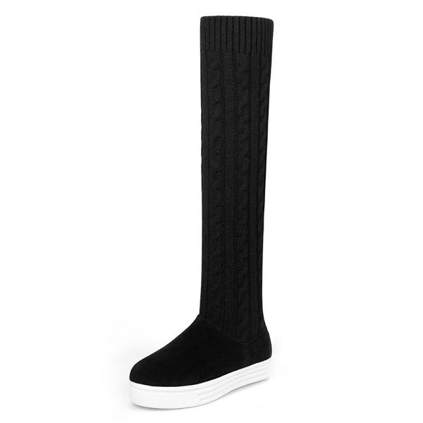 

boots knitted wool tube flat with ankle boots, thick-soled inner heightening handmade over-the-knee women's, Black