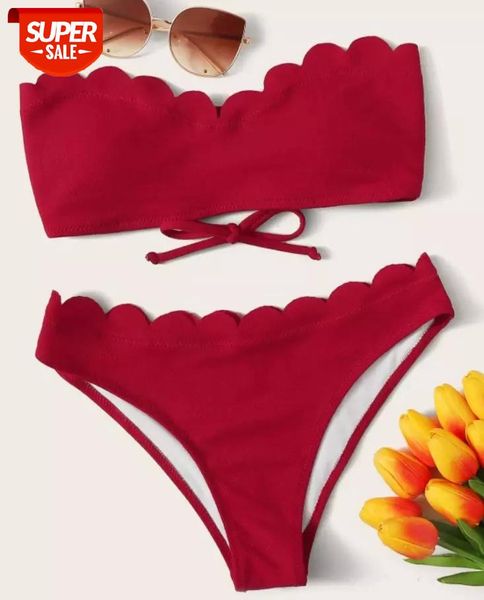 

women's solid color bikini suit ruffled neckline strapless bras with triangle bottom simple and 2pcs swimwear bathing suits #zd7o, White;black