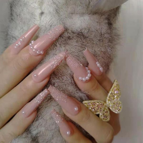 

false nails 2022 est luxury jewelry pure color long ballet fake crystal diamond pearls, Red;gold