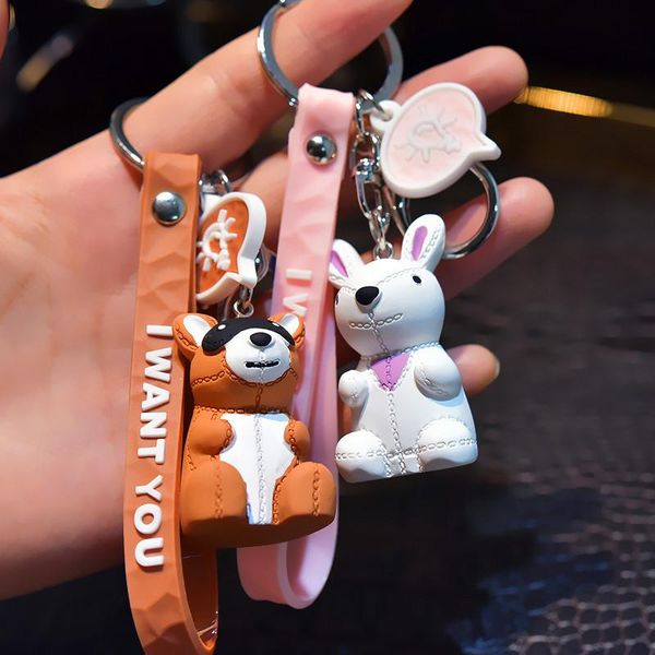 

keychains geometric cut stitching animal dinosaur panda bear keychain silicone lanyard key chain for women luxury rings, Silver