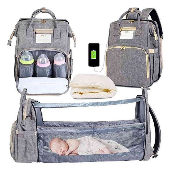 

2021 new mommy bag upgrade foldable bed mommy backpack bottle heating mother and baby, Blue;pink