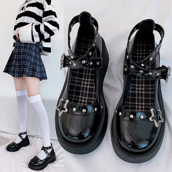 

retro lolita shoes star cross-tied shoes reivets girls shoes platform mary janes shoe women patent leather chunky casual, Black;white