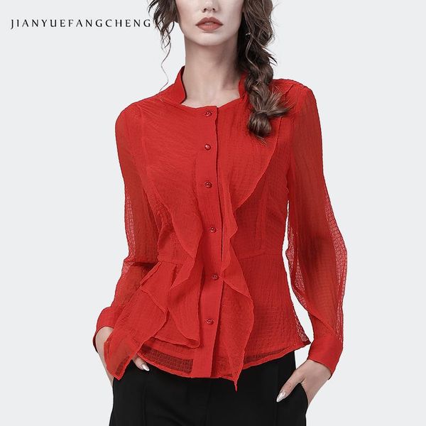 

women's blouses & shirts fashion ladylike chiffon plaid blouse long sleeve square neck red tunic shirt elegant ruffle button-down 2021, White