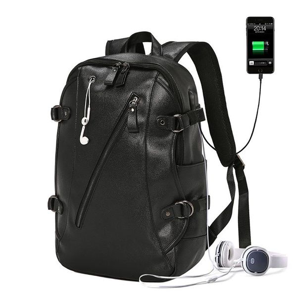 

backpack men external usb charge waterproof fashion pu leather travel bag casual student school computer package