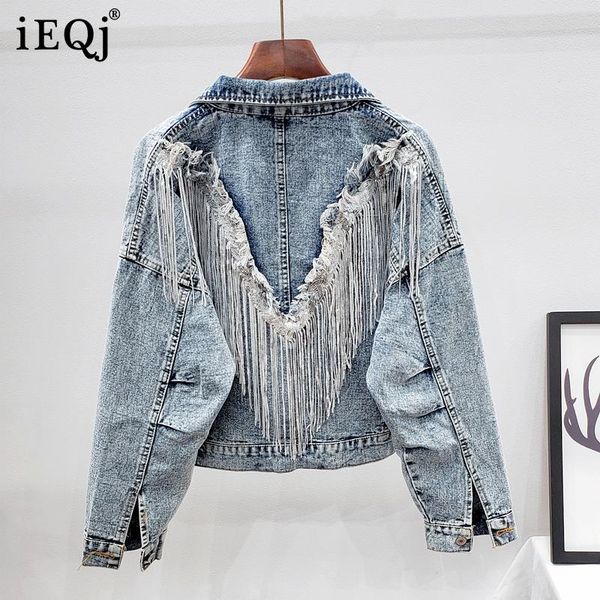 

women's jackets ieqj loose fit sequined fringed short denim jacket lapel long sleeve women coat fashion tide spring autumn 2021 3f1349, Black;brown