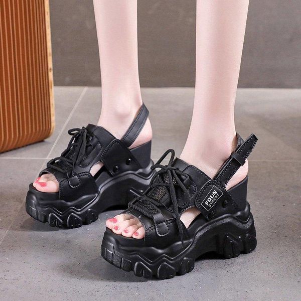 

sandals summer thick sole women roma high heel platform woman mesh leather breathable female beach, Black