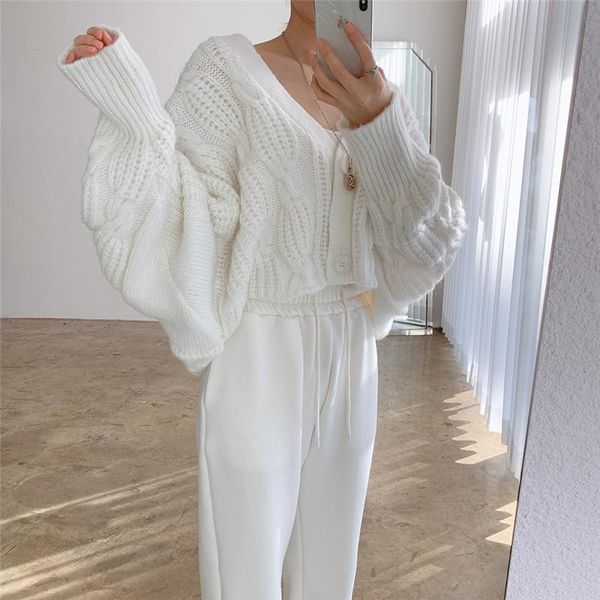 

women's knits & tees fall winter 2021 raglan sleeve v neck button up jackets solid knitted short coats vintage criss-cross cardigan wom, White