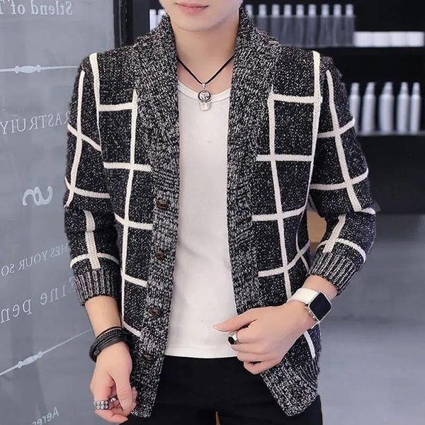 

men's jackets 2021 knitted men winter coat brand warm plaid pull sweater wear jersey mens cardigan knit sweaters male fashions, Black;brown