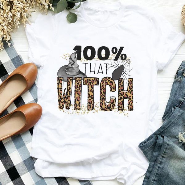 

women lady leopard witch hat fashion thanksgiving fall halloween tshirt shirt clothes graphic female t tee womens t-shirt, White