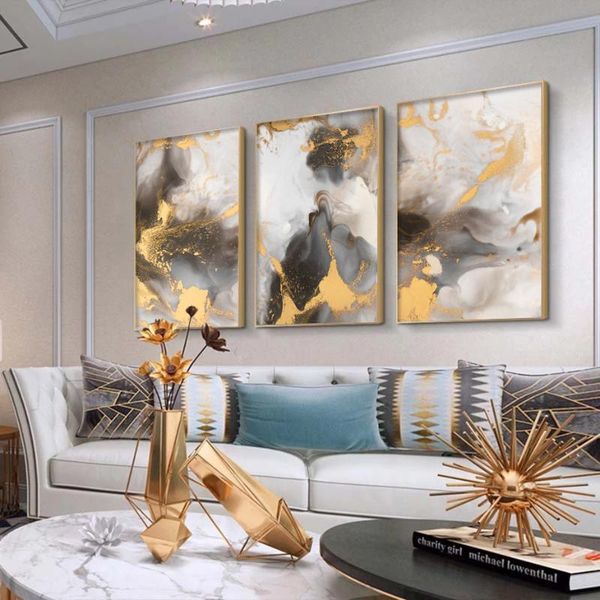 

paintings abstract blcak gold marble texture wall art canvas modern light luxury pictures prints for living room decor posters