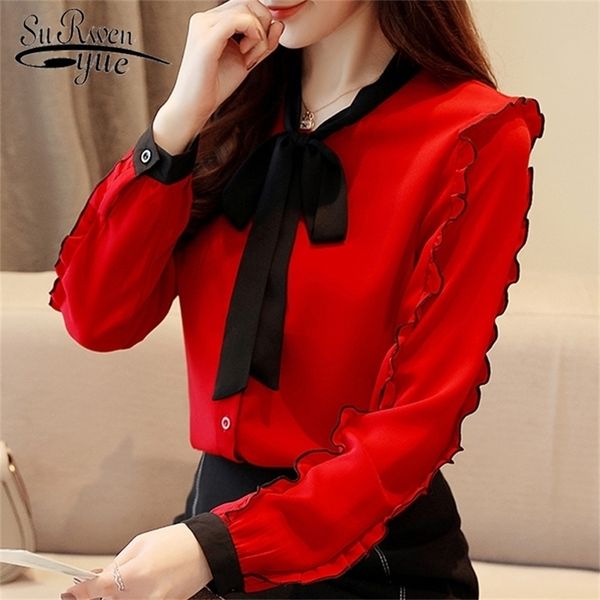 Mode Damen Tops und Blusen, rotes Chiffon-Blusenhemd, langärmeliges Damenhemd, Bogenkragen, Bürobluse, Damen 1318 40 210225