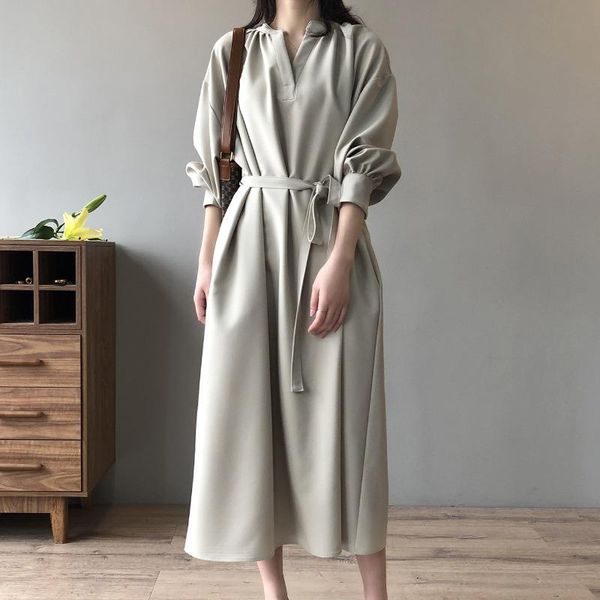 

casual dresses de0001 autumn v-neck elegant solid dress for female stylish womens lantern sleeve with pockets robe longue, Black;gray