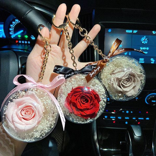 

keychains rose flower keychain car ornaments big acrylic round ball pedant hanging key chain ring valentine's day gift auto decoration, Silver