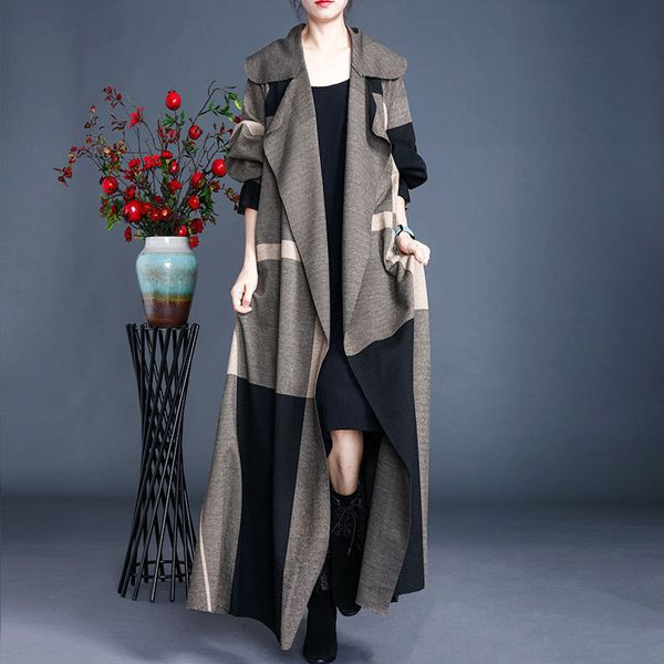 

women wool blends coat plaid double breasted x long jacket plus size 5xl office lady winter warm fur collar coats female, Tan;black