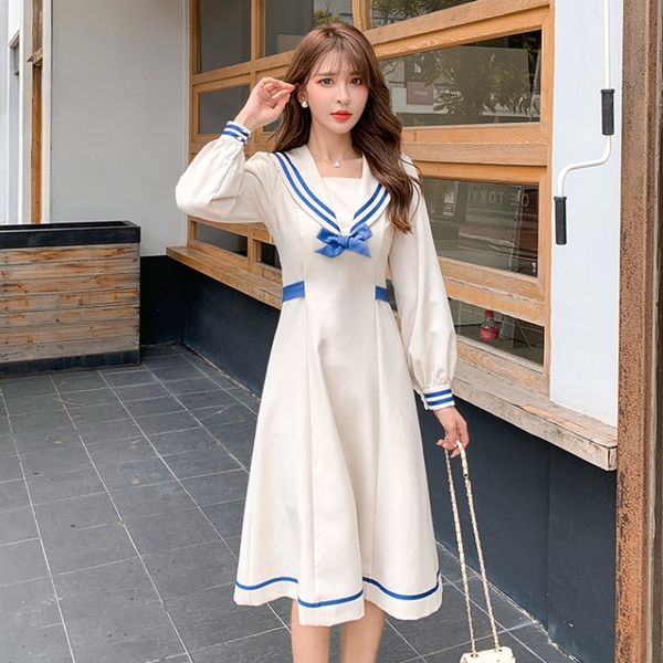 

dressed 2021 autumn and winter new niche design french retro sea collar sleeve long waist slimming dress femal ohwm, Black;gray