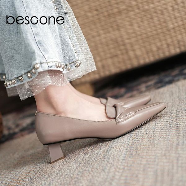 

dress shoes bescone women pumps concise genuine leather handmade female thick heel tpr folding design fashion office lady bo814, Black