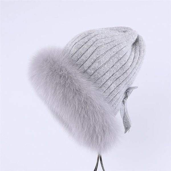

berets luxury women's winter angora knitted beanie hats with fur trim real caps earflap bomber hat warm soft solid color, Blue;gray
