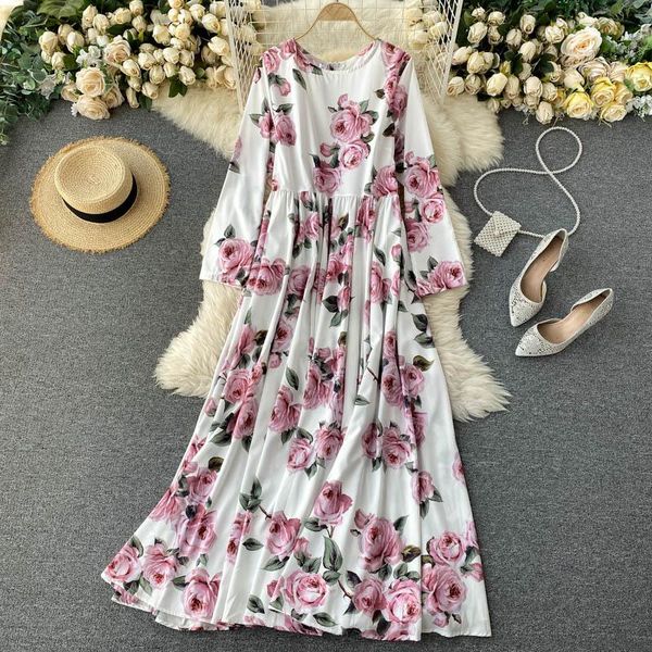 

bohemian floral printed loose long dress women autumnn winter 2021 new round neck long sleeve vintage vestidos new fashion robe, Black;gray