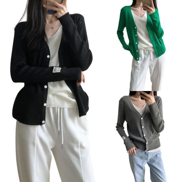 

women's knits & tees women patchwork knit sweaters cardigan adults button-down color block long sleeve v-neck sweater with letter labe, White