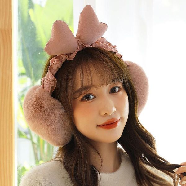 

berets optional color winter plush women's folding earmuffs lovely student bow warm ear protection bag, Blue;gray
