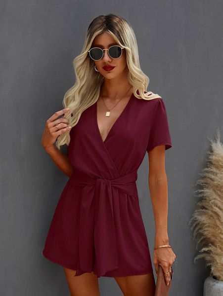 

solid surplice front belted romper i8wz#, White