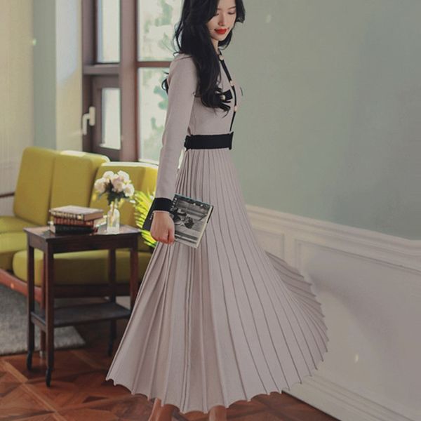 

2021 new fall winter korean vintage pleated knitted long female slim elegant sweater es for women simple fashion vestidos robe ei04, Black;gray