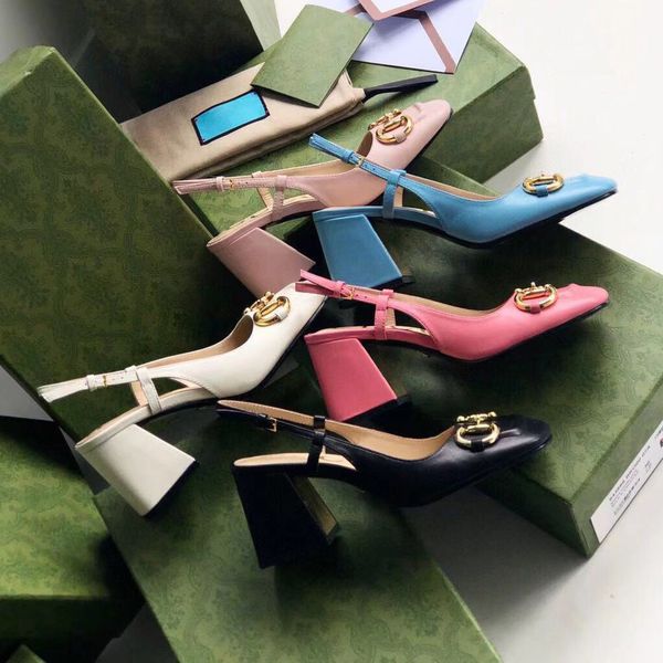 

spring and summer new style horse clasp square head high heel sandals women's sheepskin one line buckle thick heel baotou back empty sa, Black