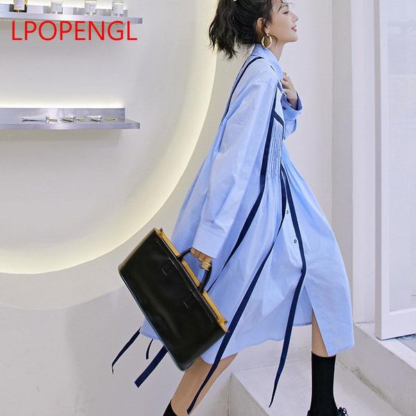 

casual dresses 2021 spring lapel long sleeve shirt dress female fresh and sweet loose solid color vestido de festa women, Black;gray