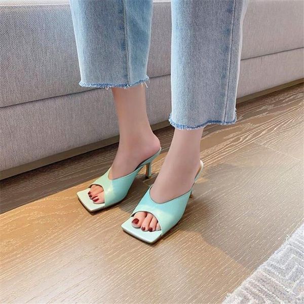 

slippers square toe leather high heels blue white open summer ladies party, Black
