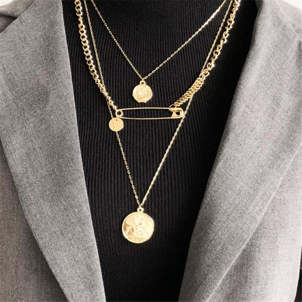 

pendant necklaces 2021 vintage gold chain pin human head coin necklace for women female fashion boho collar multilevel jewelry gift, Silver