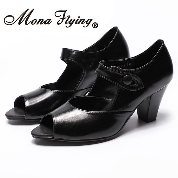 

dress shoes mona flying women leather pumps comfort unique classic hand-made peep toe med high heels for female ladies 2021 205-31, Black