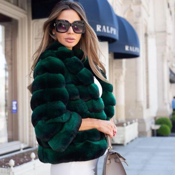 

women's fur & faux ur customize chinchilla color natural coat women real rex jacket luxury slim high street style overcoat, Black