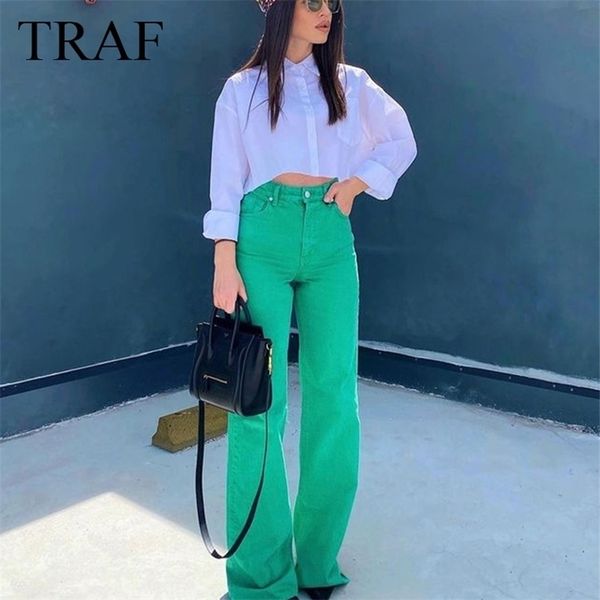 

traf za pants summer fashion multicolor jeans pockets green wide-leg vintage high waist zipper fly female denim trousers 210809, Blue