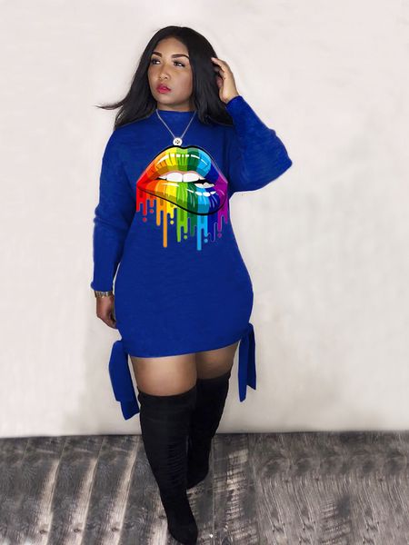 

plus size female long around colorful neck lip impression short autumn dress dskk, Black;gray
